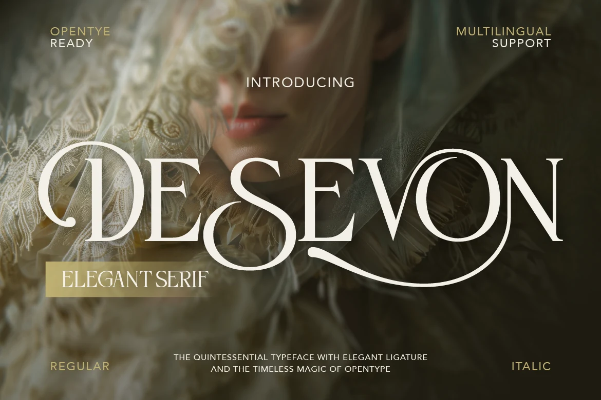Desevon Font preview with elegant high-contrast serif lettering and dramatic swash ligatures