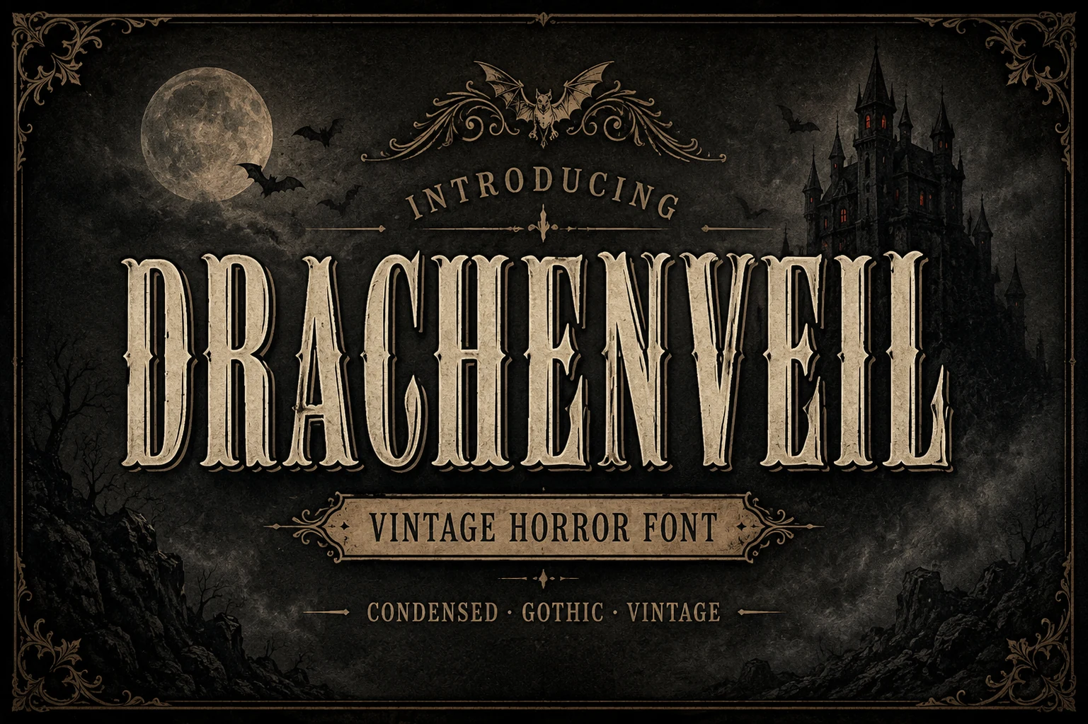 Drachenveil Font featuring bold, condensed serif letters with sharp wedge-shaped serifs and textured strokes.