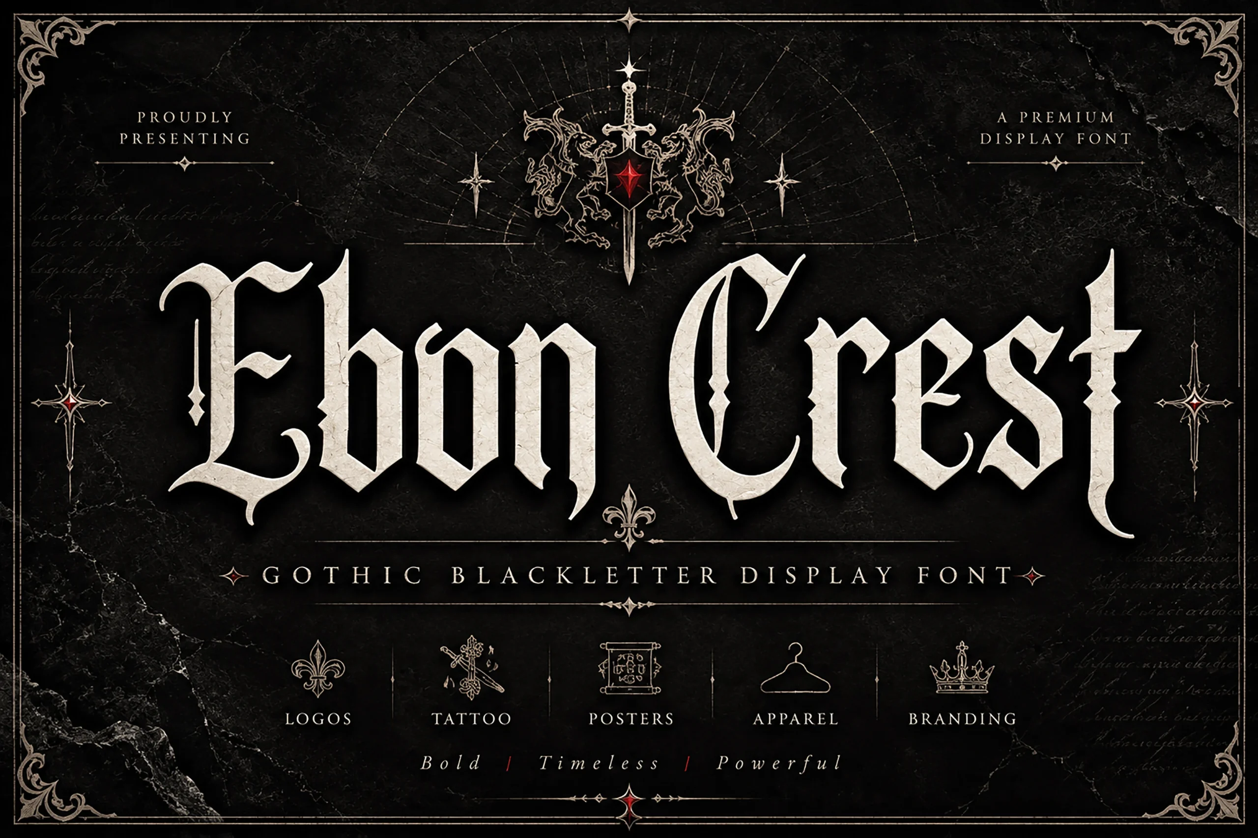 Ebon Crest Font features sharp pointed terminals, angular vertical strokes, and high-contrast blackletter forms.