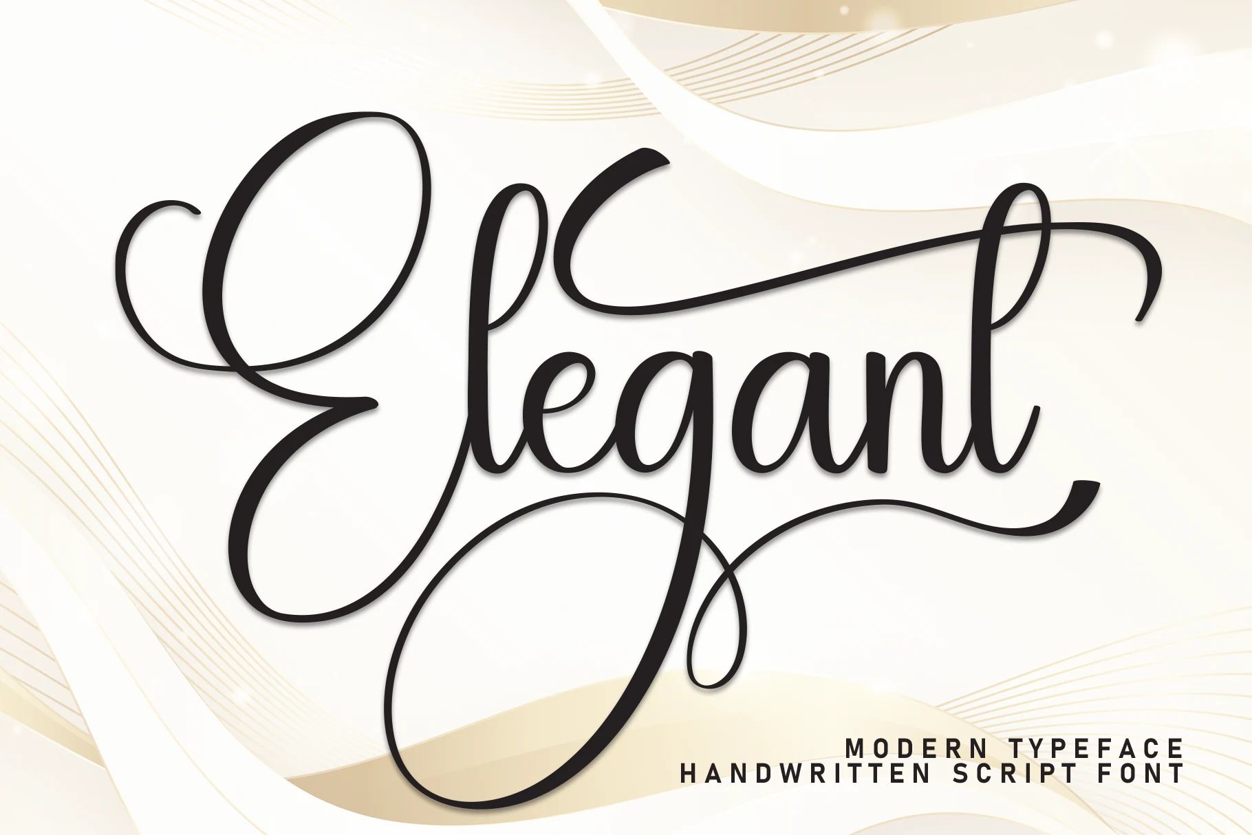 Elegant Font preview with black handwritten script, dramatic loops, and long swashes
