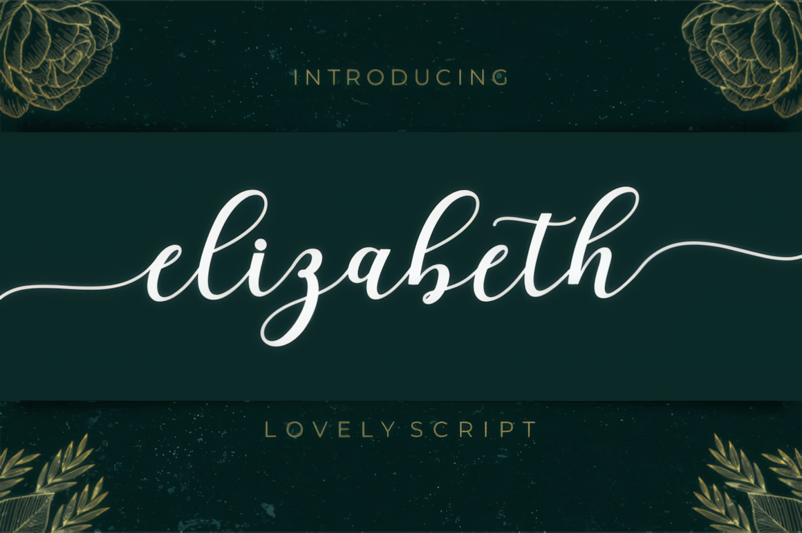 Elizabeth lovely script font preview with smooth white calligraphy lettering on a dark green decorative background.
