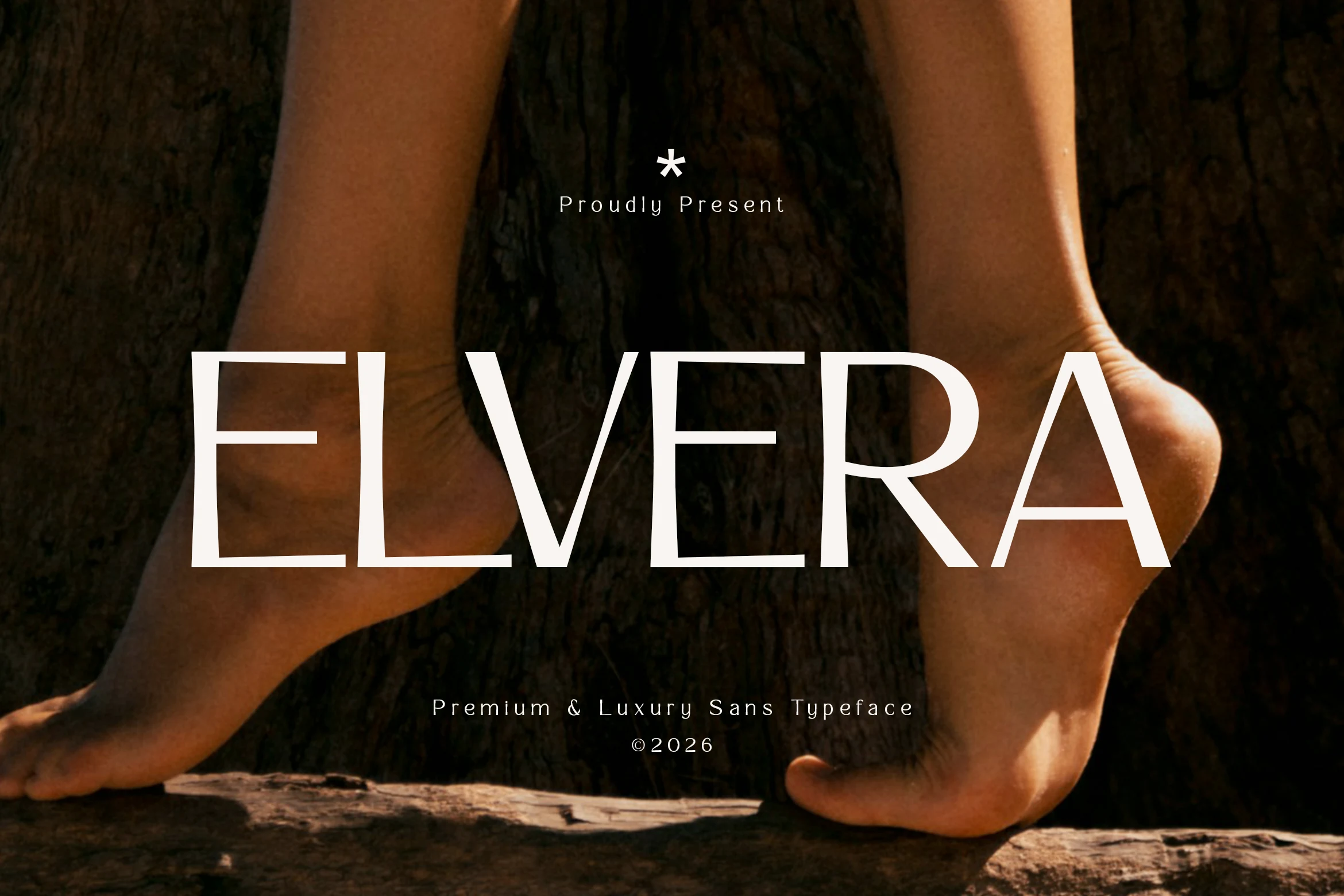 Elvera Font preview in white uppercase luxury sans serif lettering with thin geometric lines
