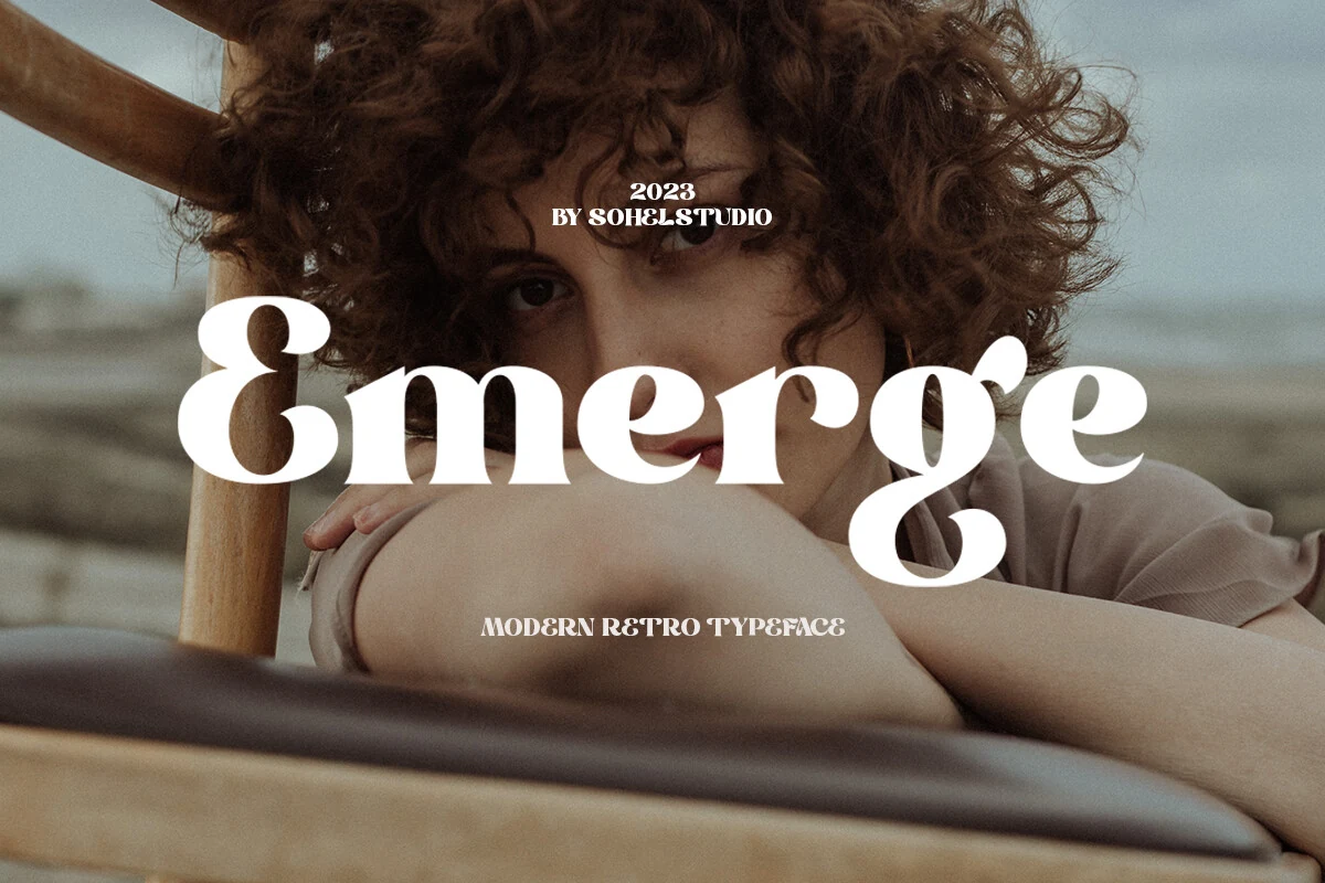 Emerge Font preview with bold white retro serif lettering over a soft portrait photo
