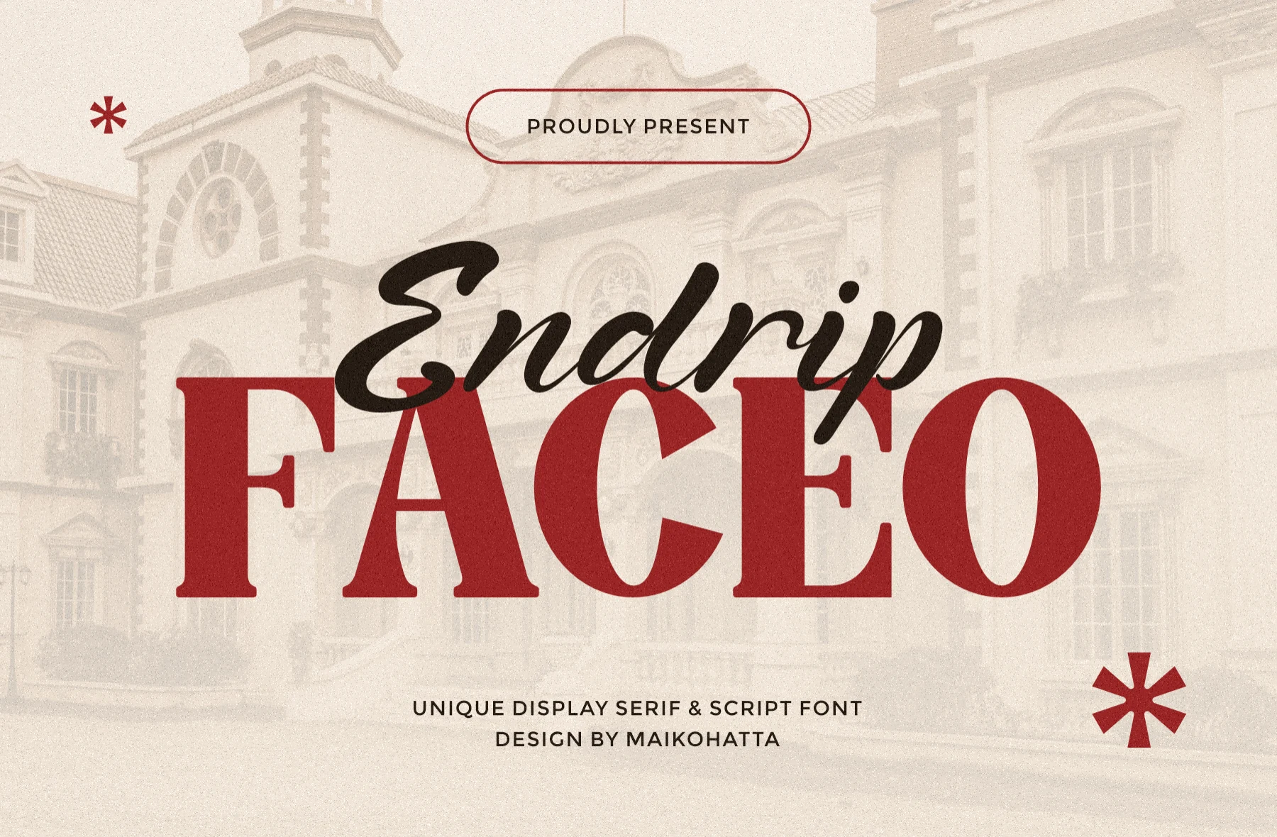 Endrip Faceo Duo Font preview with bold red serif lettering and a black flowing script overlay