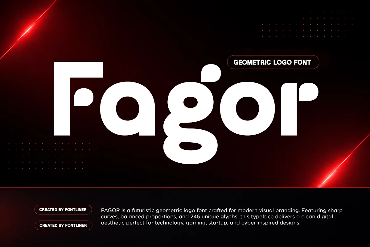 Fagor Font is a wide geometric display sans-serif with monolinear strokes, rounded curves, and teardrop-shaped terminals.
