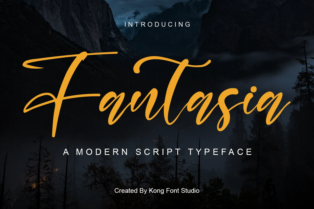 Fantasia Font preview in bold golden handwritten script with a sweeping capital F