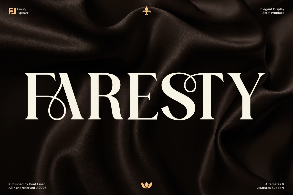 Faresty Font preview with high-contrast serif capitals and decorative loop ligatures