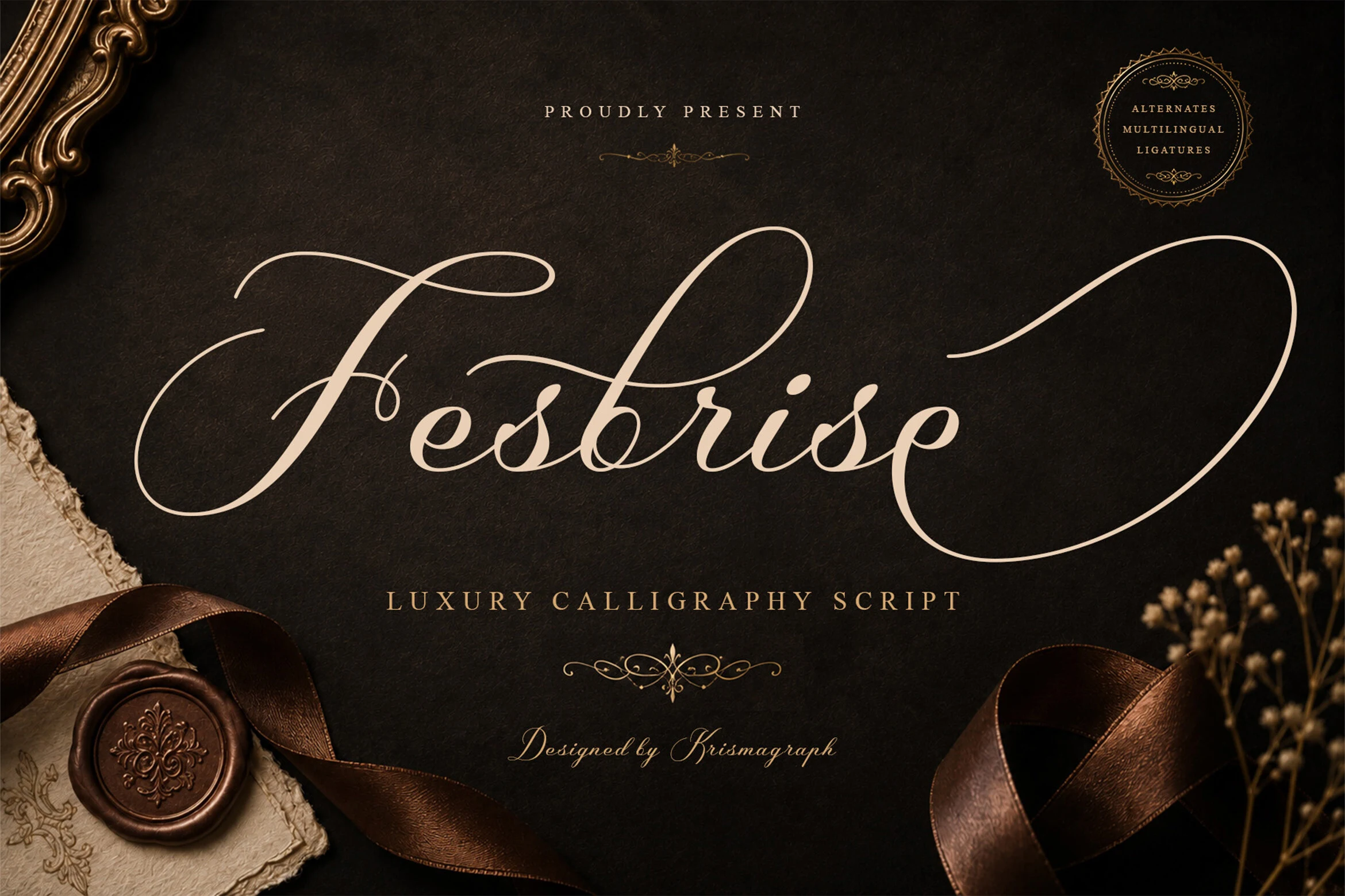 Fesbrise Font is a slanted calligraphy script with connected letterforms, high stroke contrast, and sweeping swashes.
