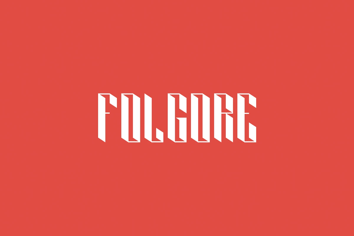 Folgore Font preview showing bold, vertically elongated uppercase lettering with angular forms and an integrated 3D shadow effect.