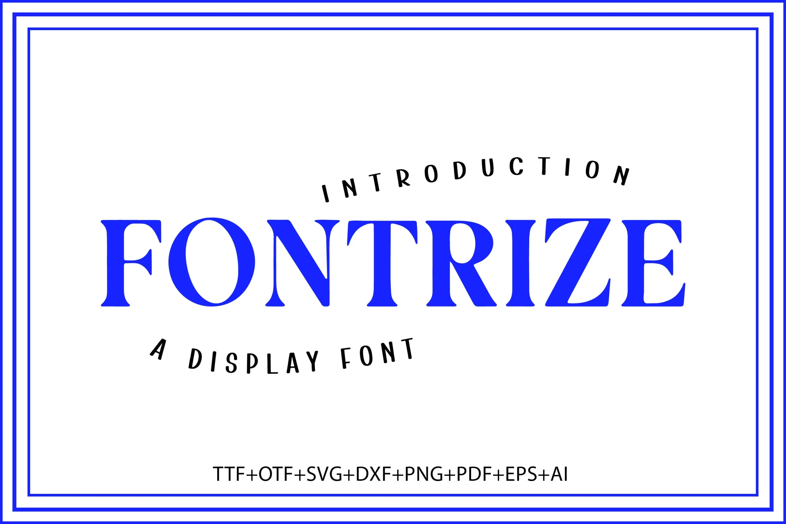 Fontrize Font preview in bold blue high-contrast serif lettering with curved black display text