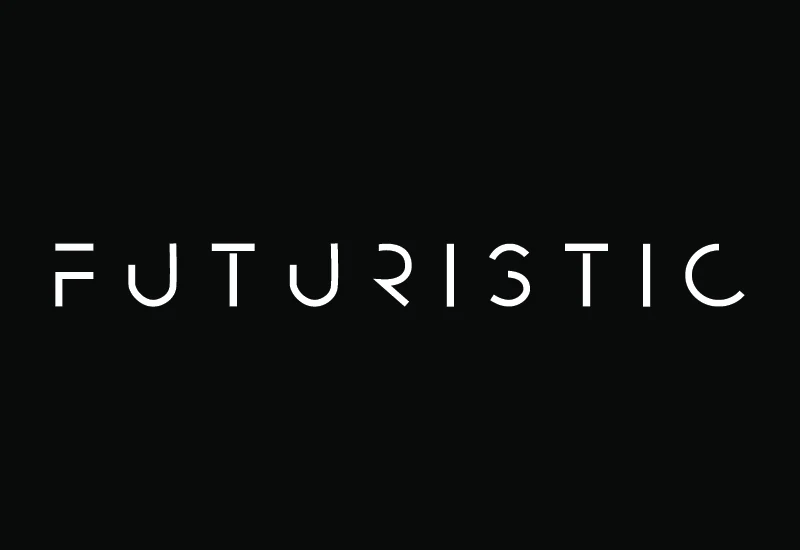Futuristic font with geometric letterforms, monolinear strokes, and incomplete minimalist structures.
