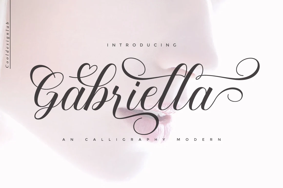 Gabriella Script Font preview with elegant gray script, bold swashes, and flowing calligraphy