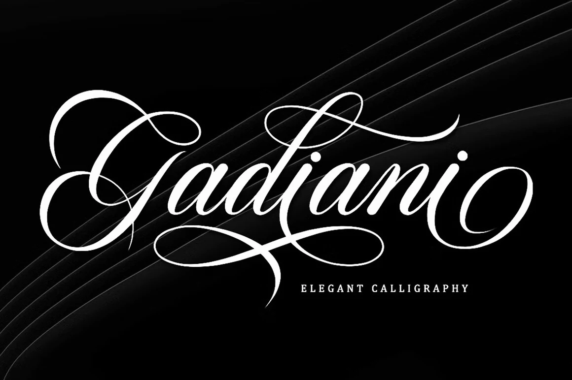 Gadiani Font preview in white elegant calligraphy with sweeping swashes on a black background