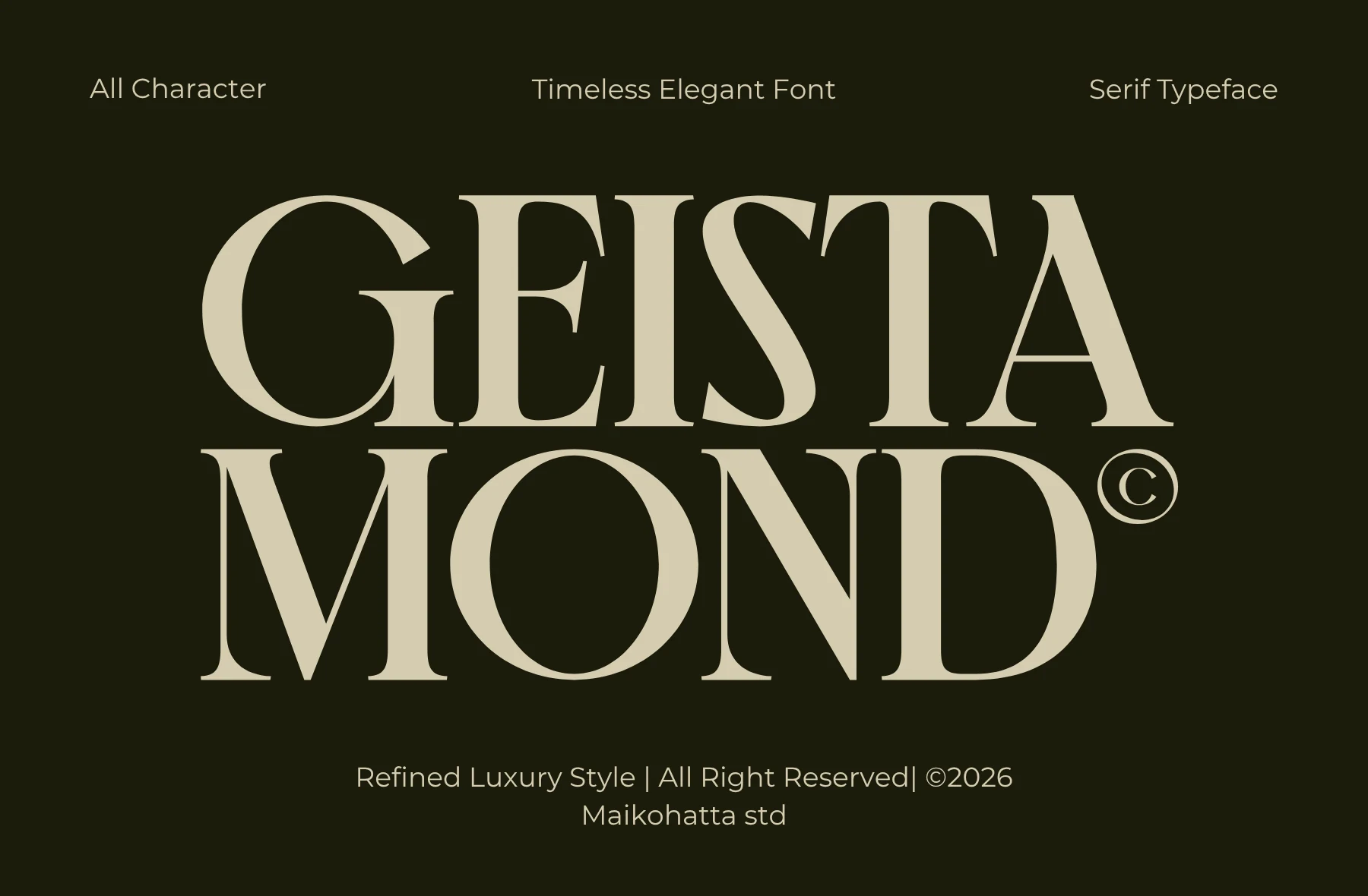 Geista Mond Font preview with cream high-contrast serif capitals on a dark background