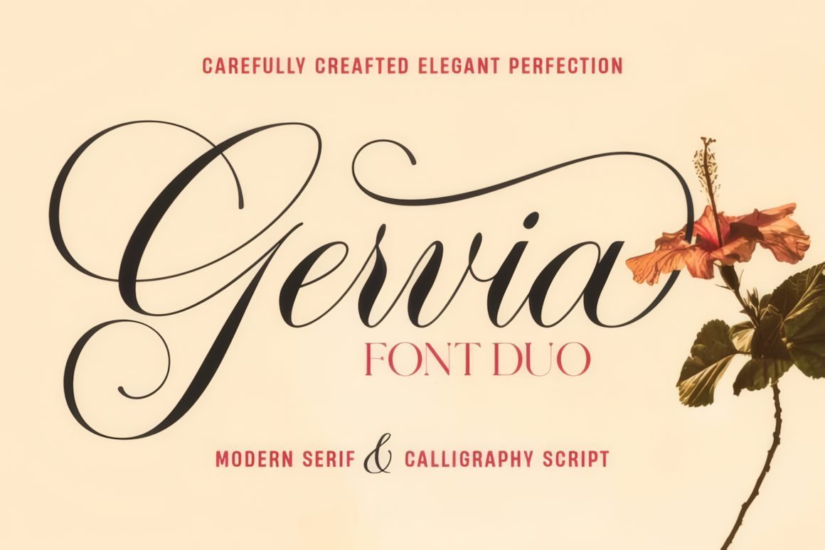 Gervia font duo preview featuring elegant calligraphy script and modern serif typography.
