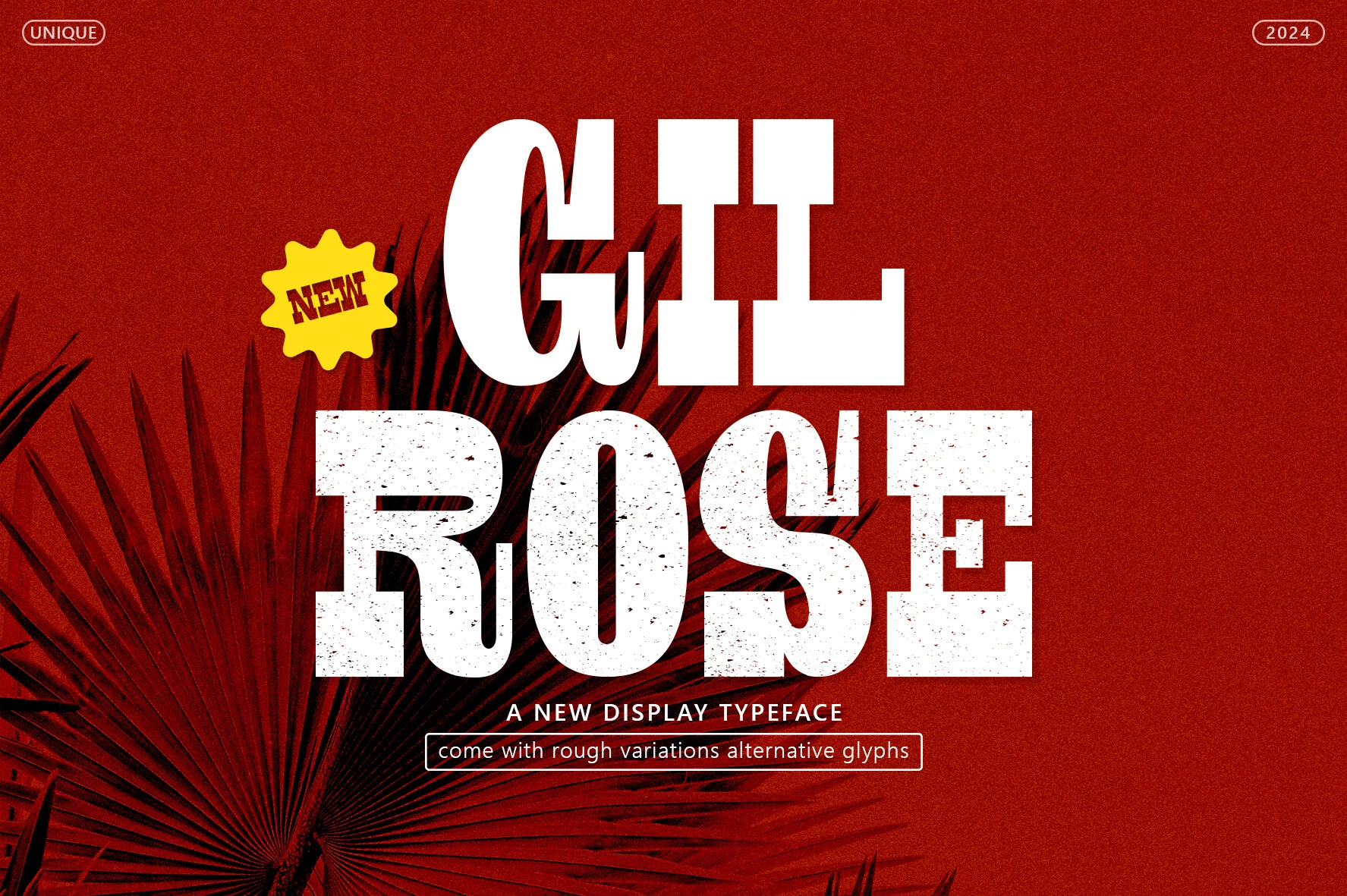 Gil Rose Font preview with bold white display lettering, slab serif shapes, and distressed texture