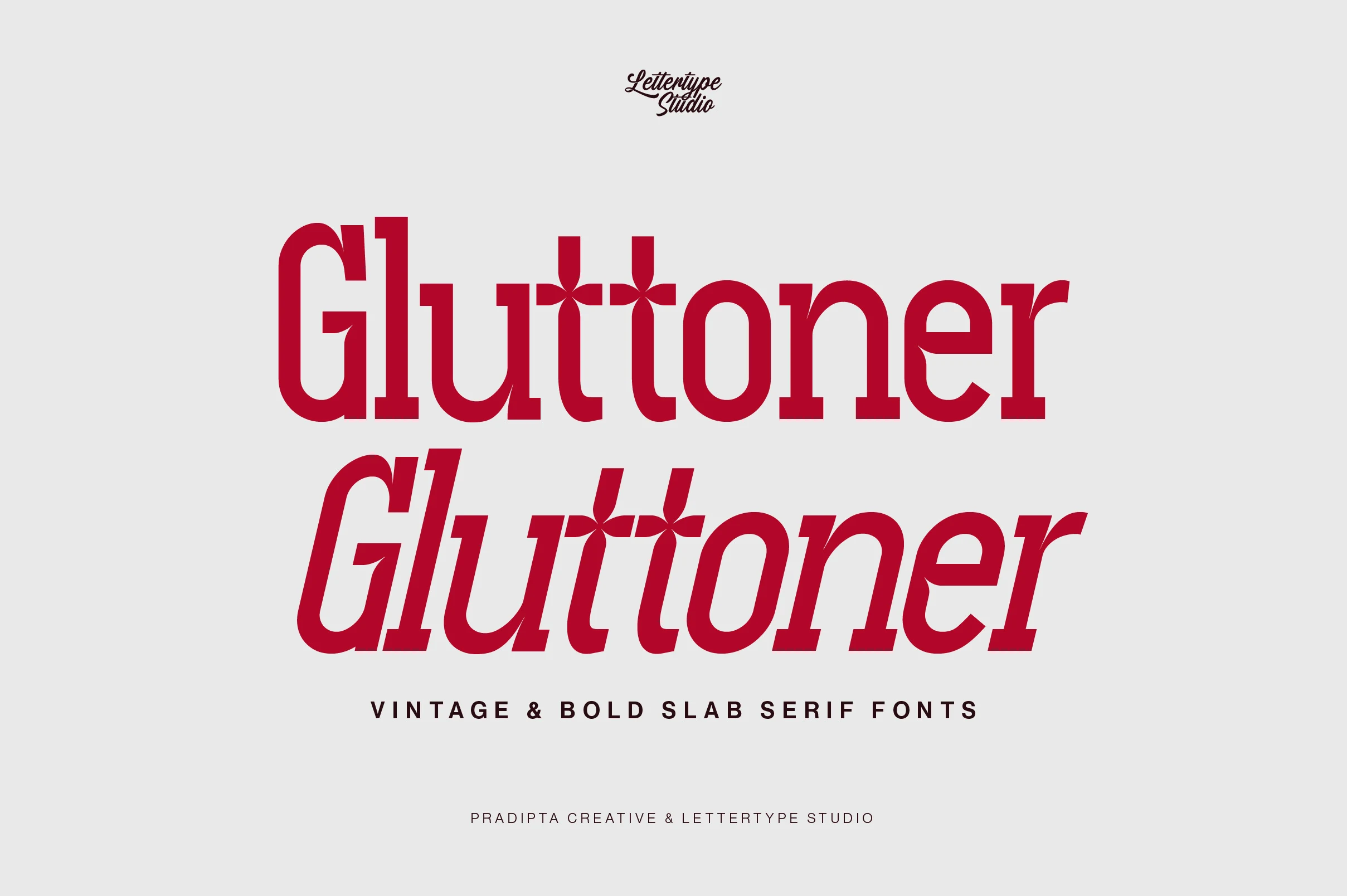 Gluttoner Font preview with bold red slab serif lettering and vintage inktrap details