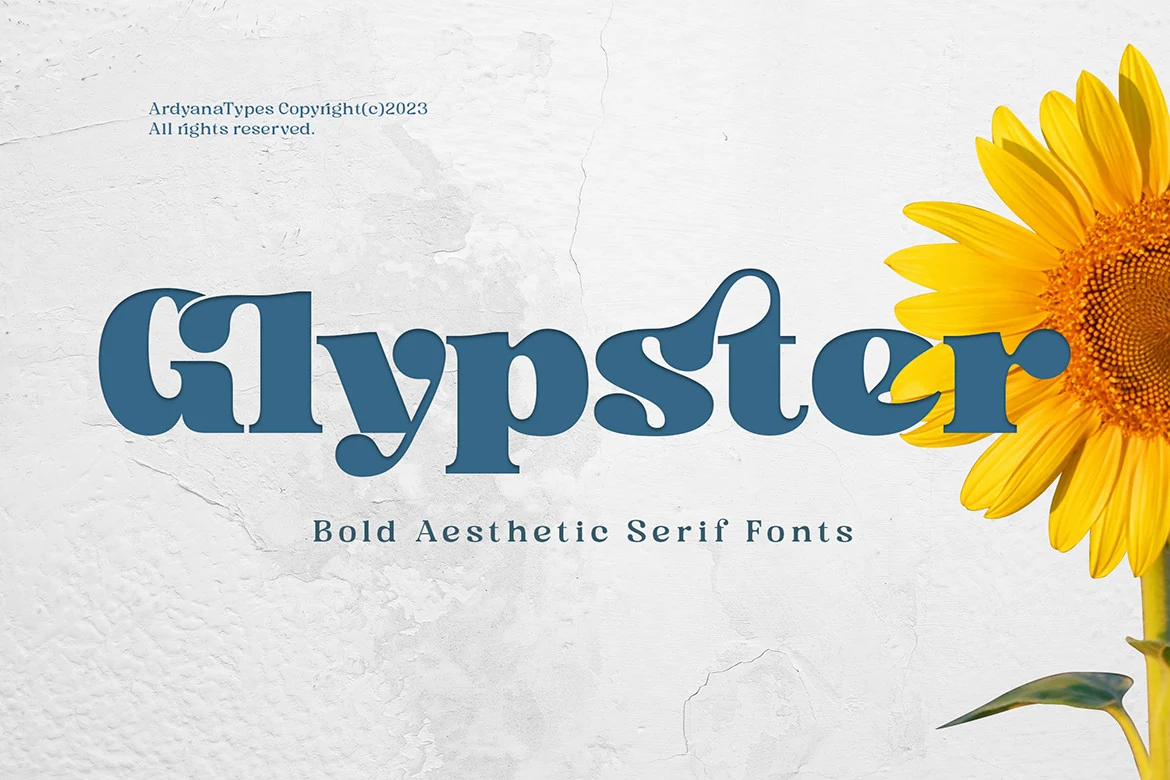 Glypster Font preview with bold blue serif lettering, rounded retro curves, and a sunflower
