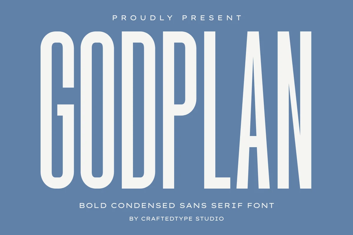 Godplan Font preview with tall white condensed sans serif lettering on a blue background