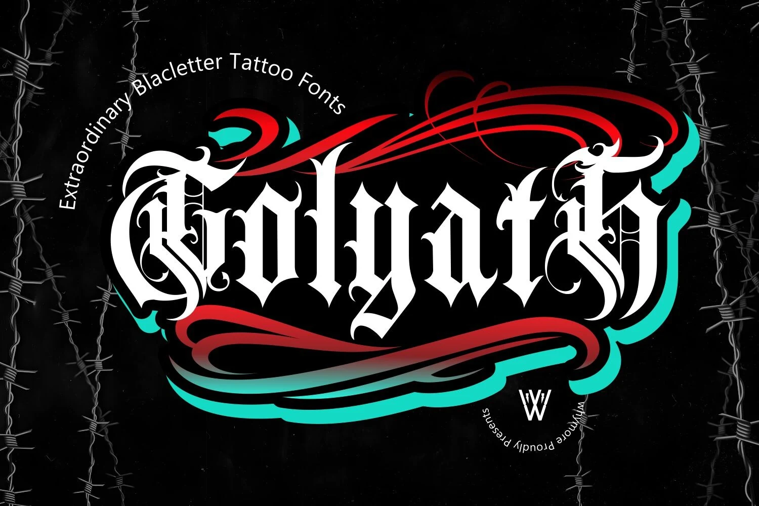 Golyath Font in heavy blackletter lettering with sharp angular forms and decorative swashes.