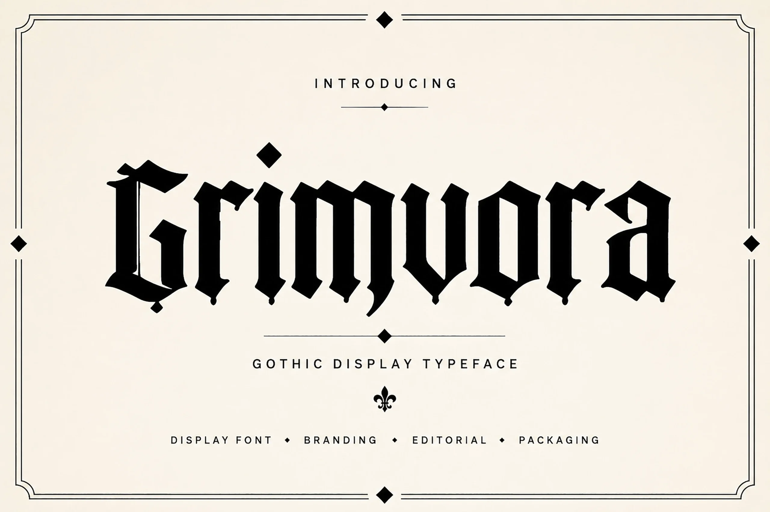 Grimvora Font is a heavy blackletter display font with sharp pointed terminals, angular strokes, and condensed letterforms.