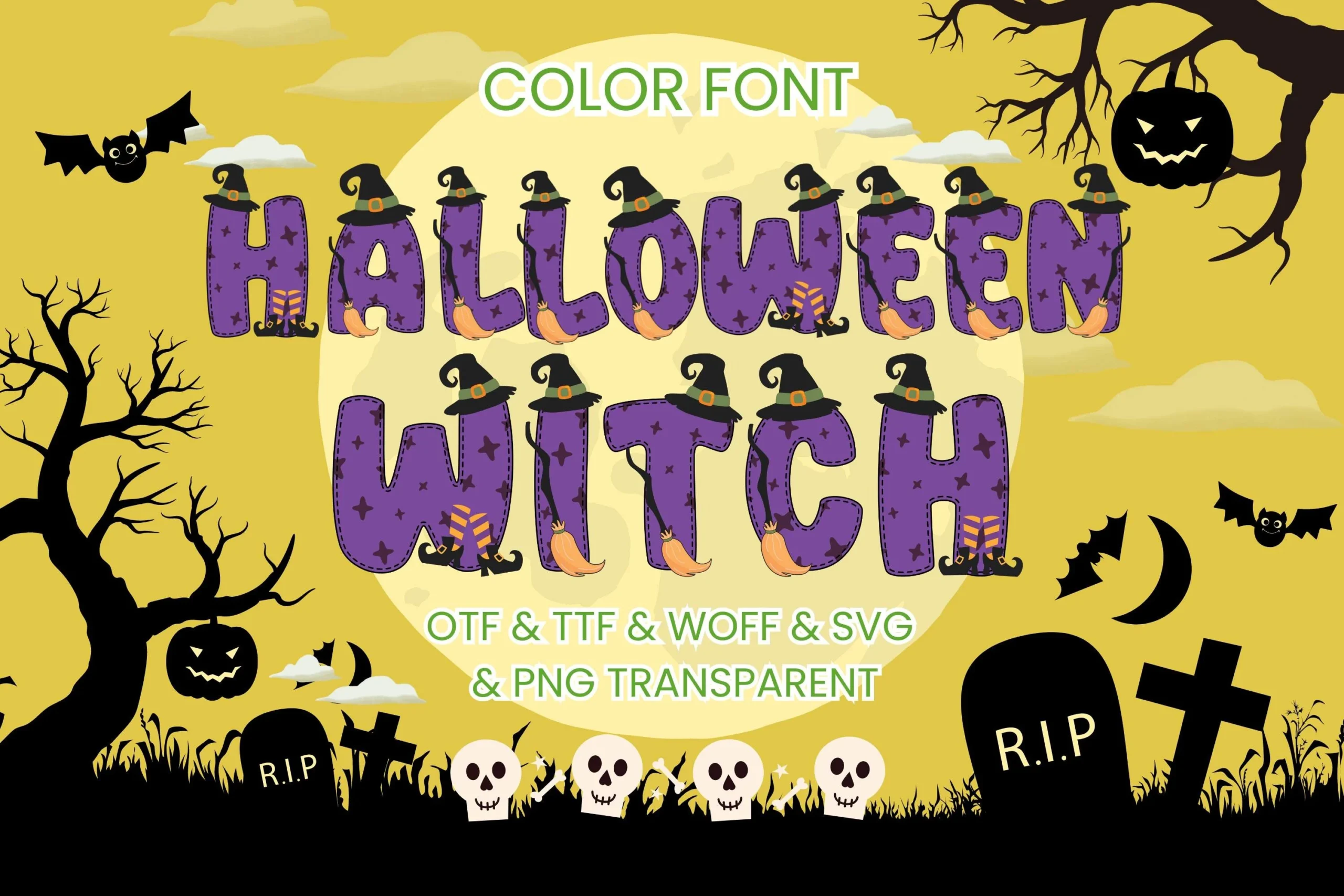 Halloween Witch Font in a bold rounded block style with stitched outlines, integrated witch hats, and broom details.