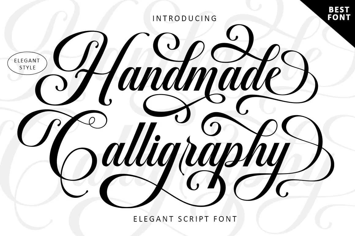 Handmade Calligraphy Font preview in black high-contrast script with ornate swashes and looping flourishes