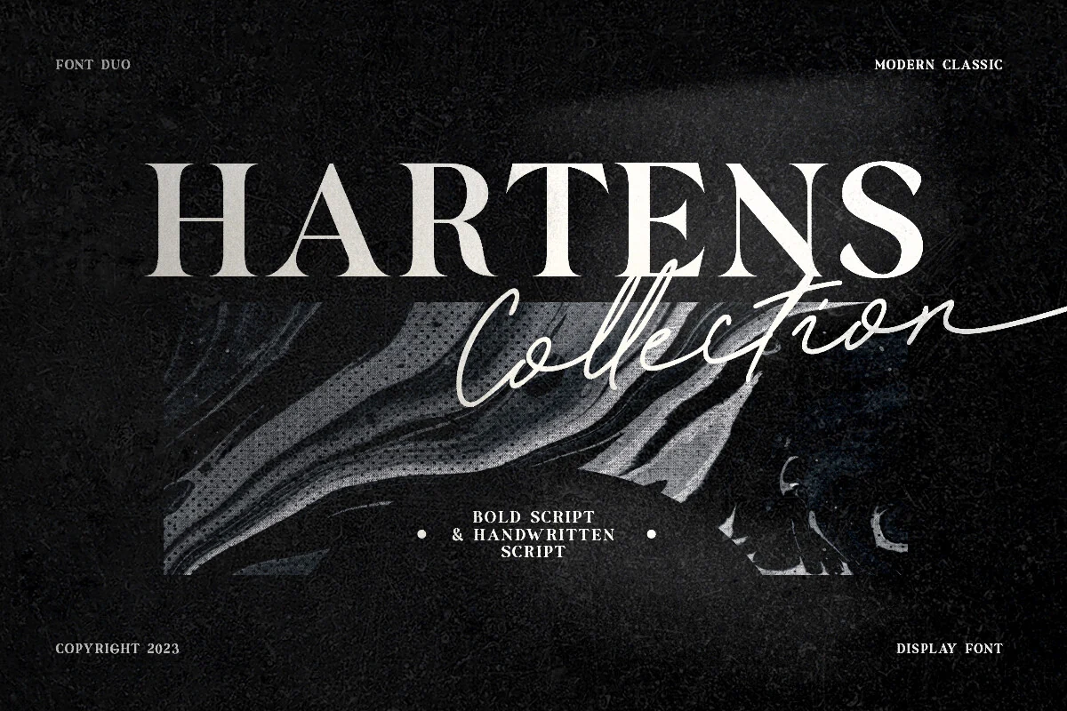 Hartens Font preview with elegant serif capitals and a white handwritten script overlay