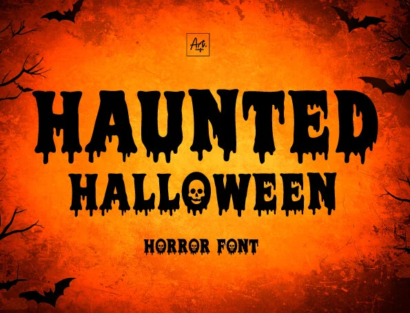 Haunted Halloween Font with heavy blocky letters, dripping terminals, and skull iconography.
