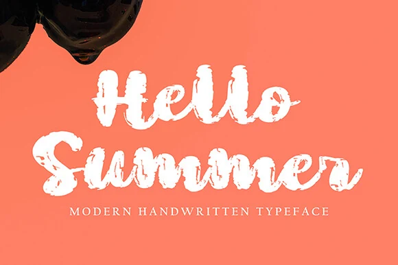 Hello Summer Font preview in bold white textured brush script with rounded handwritten letters