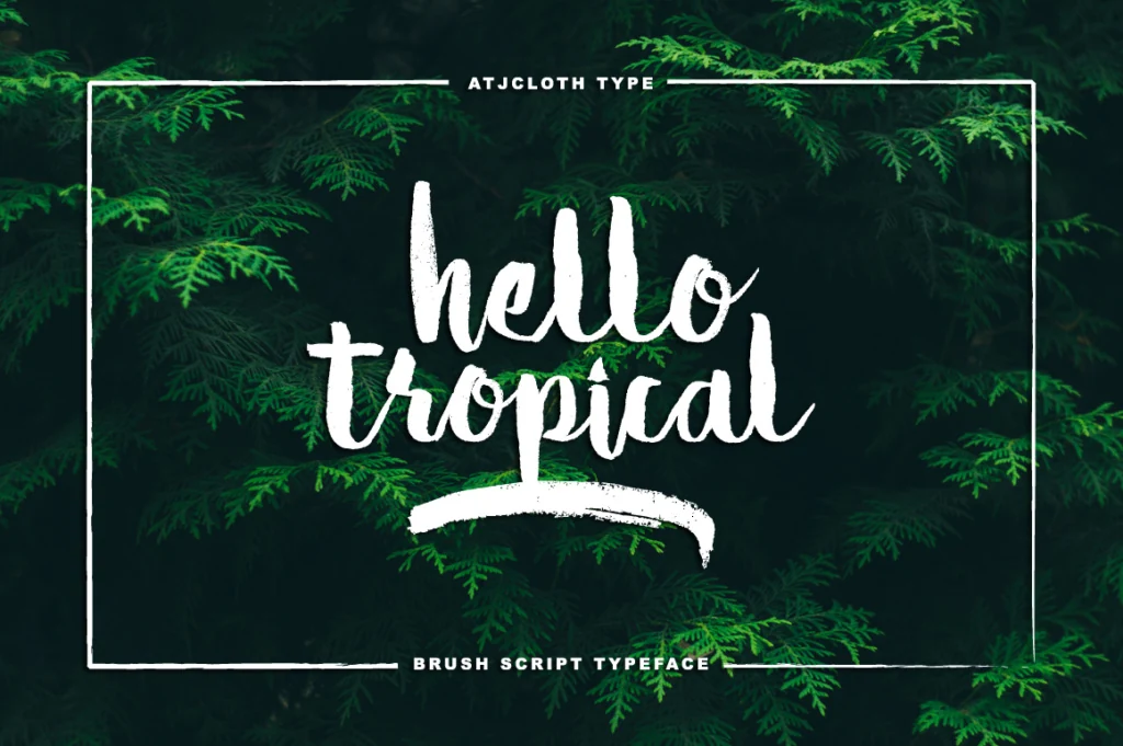 Hello Tropical Font preview with white casual brush script, connected lowercase lettering, and a bold underline swash
