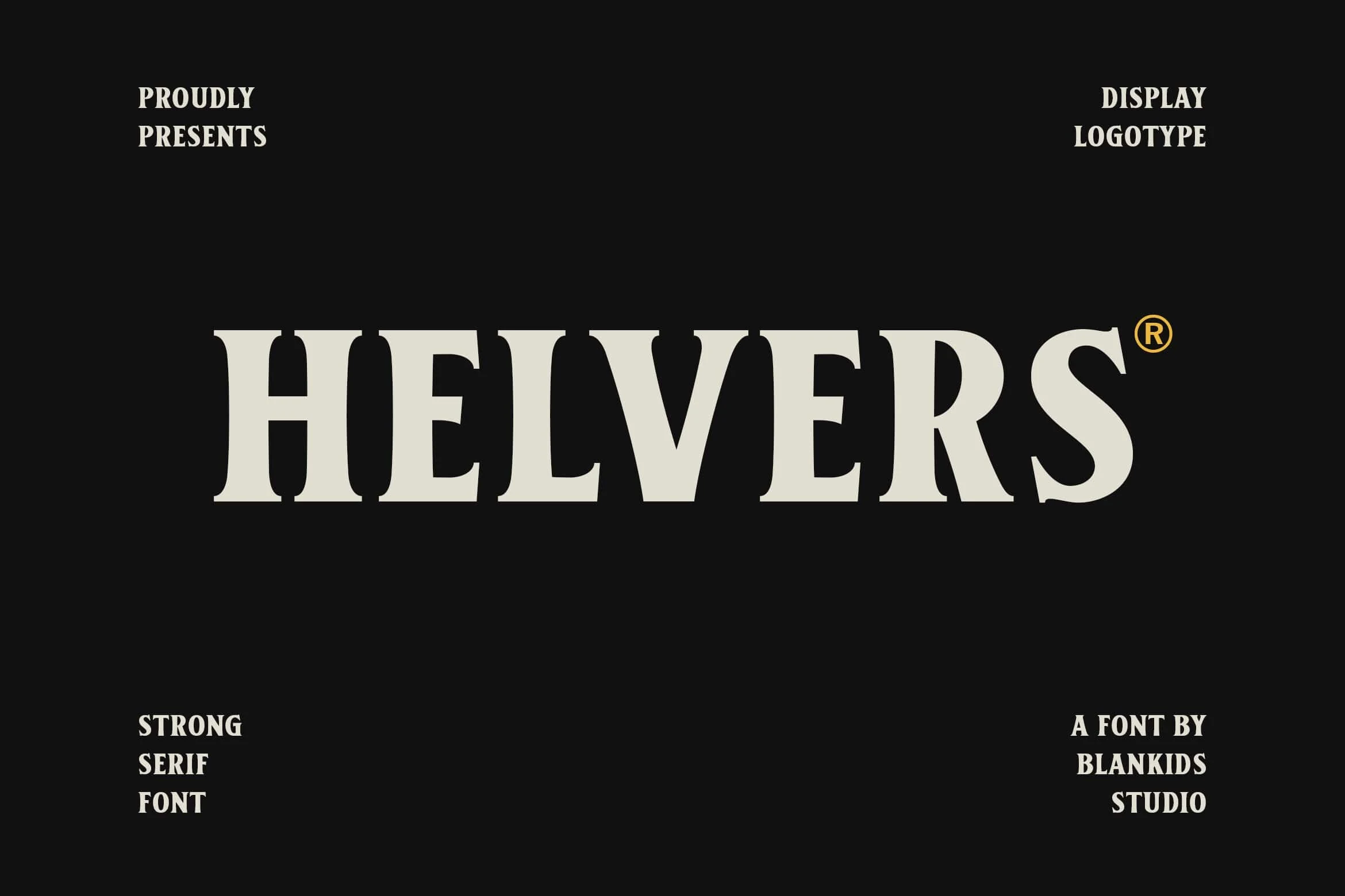Helvers Font preview with bold cream serif lettering on a black background