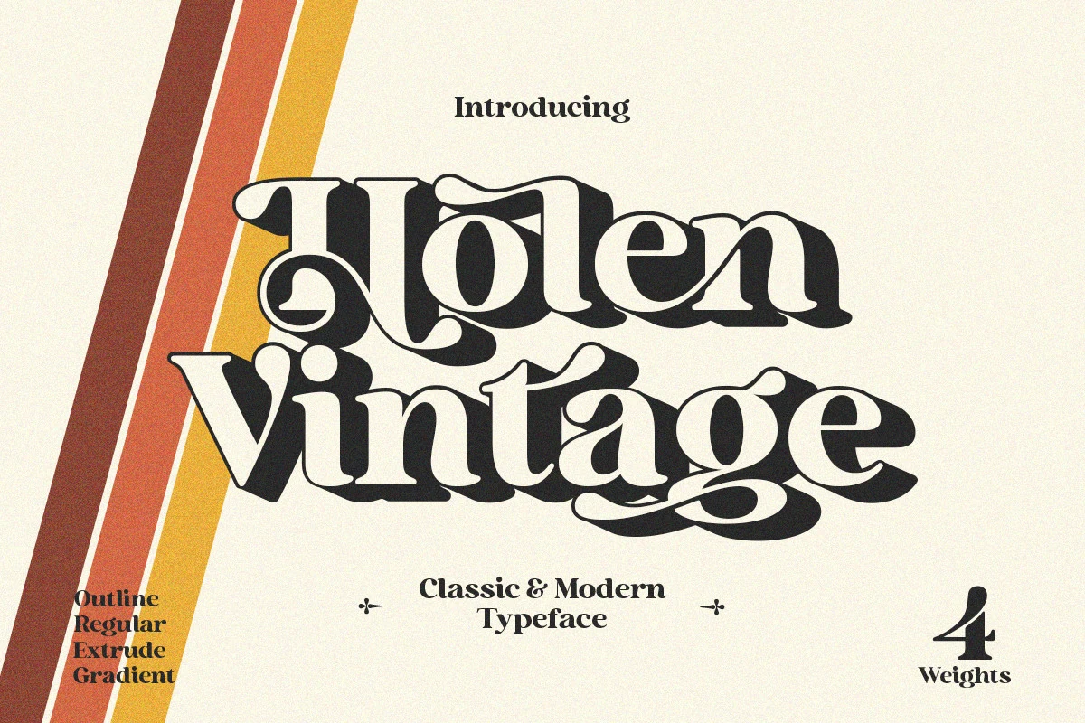 Holen Vintage Font preview with bold cream retro serif lettering, black extruded shadow, and decorative swashes