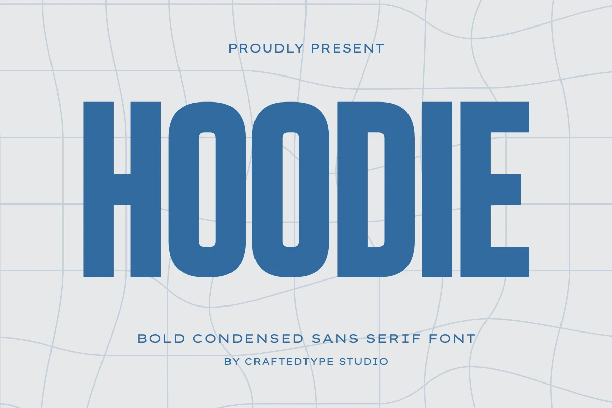 Hoodie Font preview with bold blue condensed sans serif letters