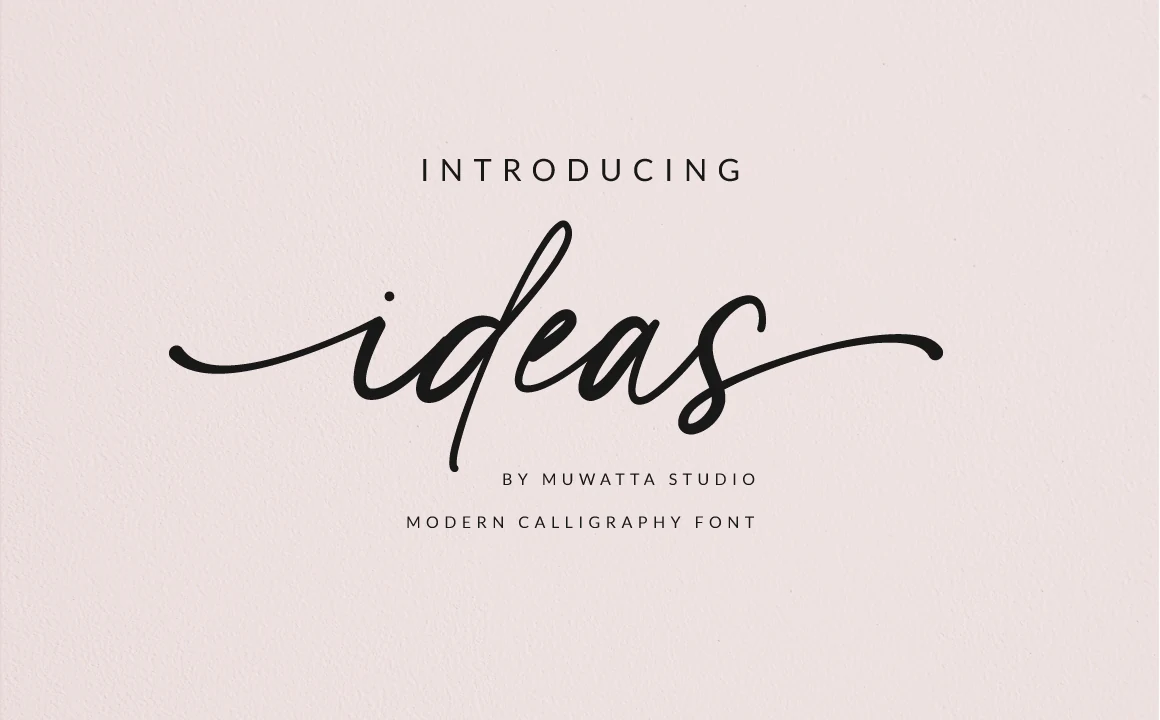 Ideas Font preview in black modern calligraphy with long swashes and a tall looped ascender
