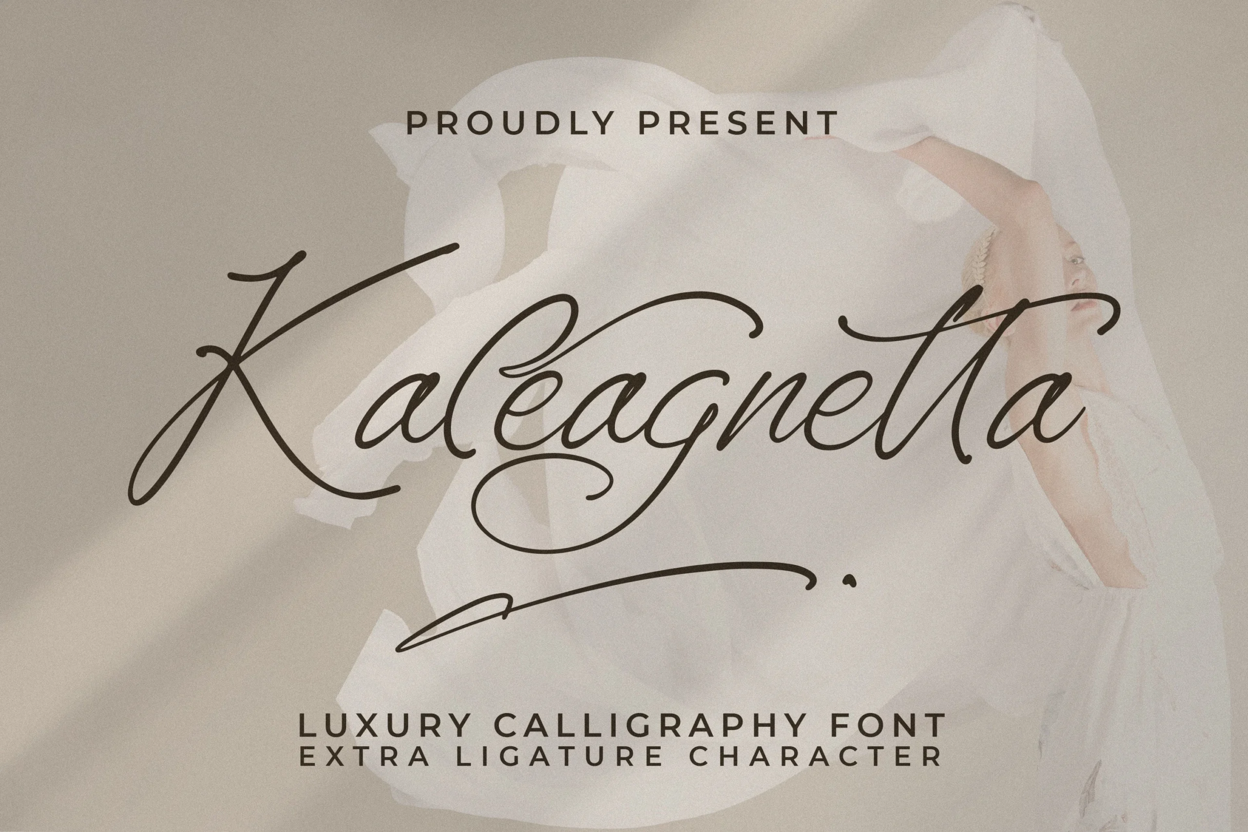 Kaleagnetta Font is a connected high-contrast script with elaborate swashes and varied slant.