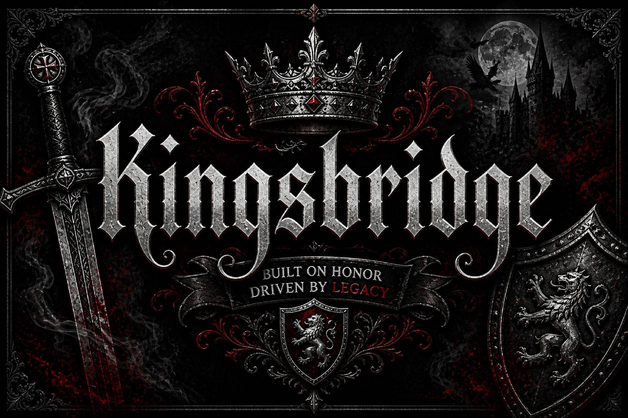 Kingsbridge Font featuring ornate blackletter letterforms with sharp angular serifs, high stroke contrast, and elegant swash details
