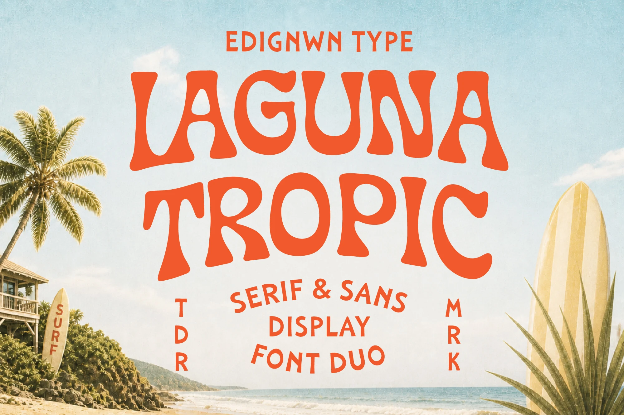 Laguna Tropic Font preview with bold orange retro surf lettering over a beach scene