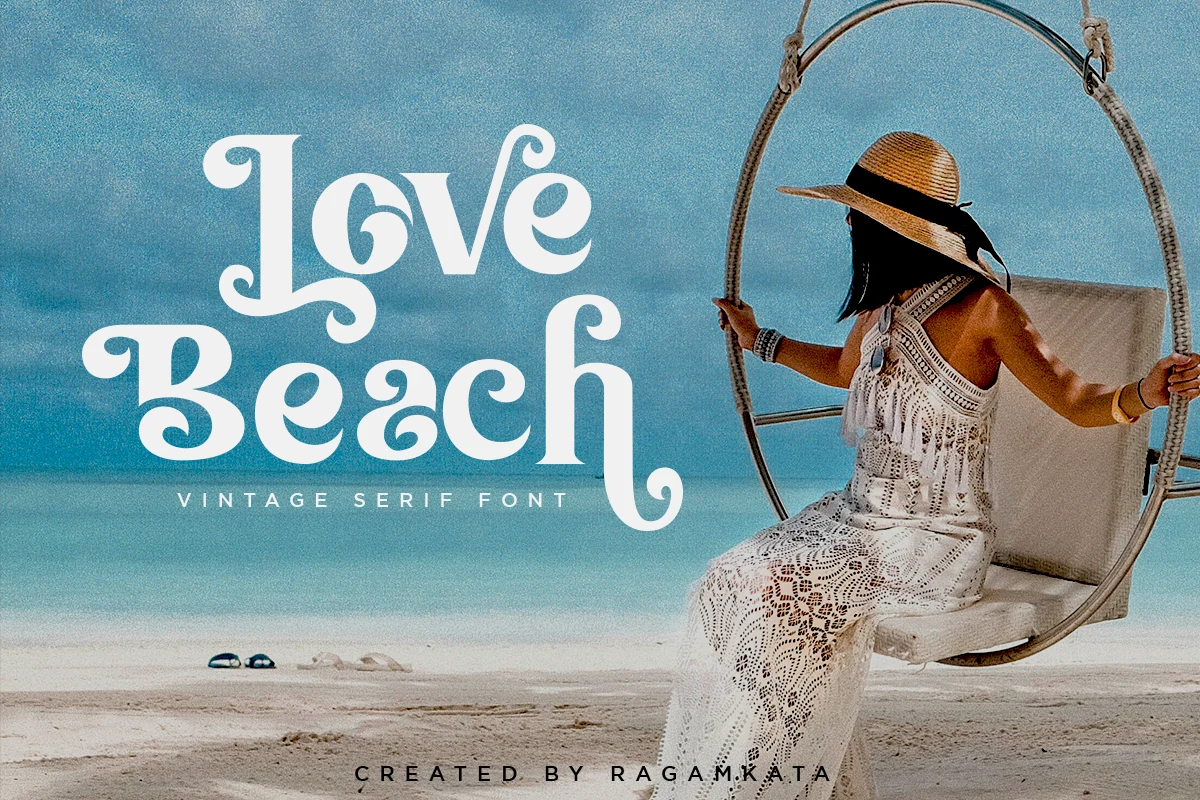 Love Beach Font preview with white vintage serif lettering, curled terminals, and bold decorative shapes