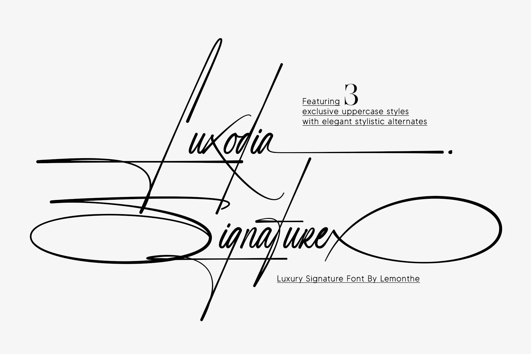 Luxodia Signature Font preview with thin black signature lettering and oversized looping swashes