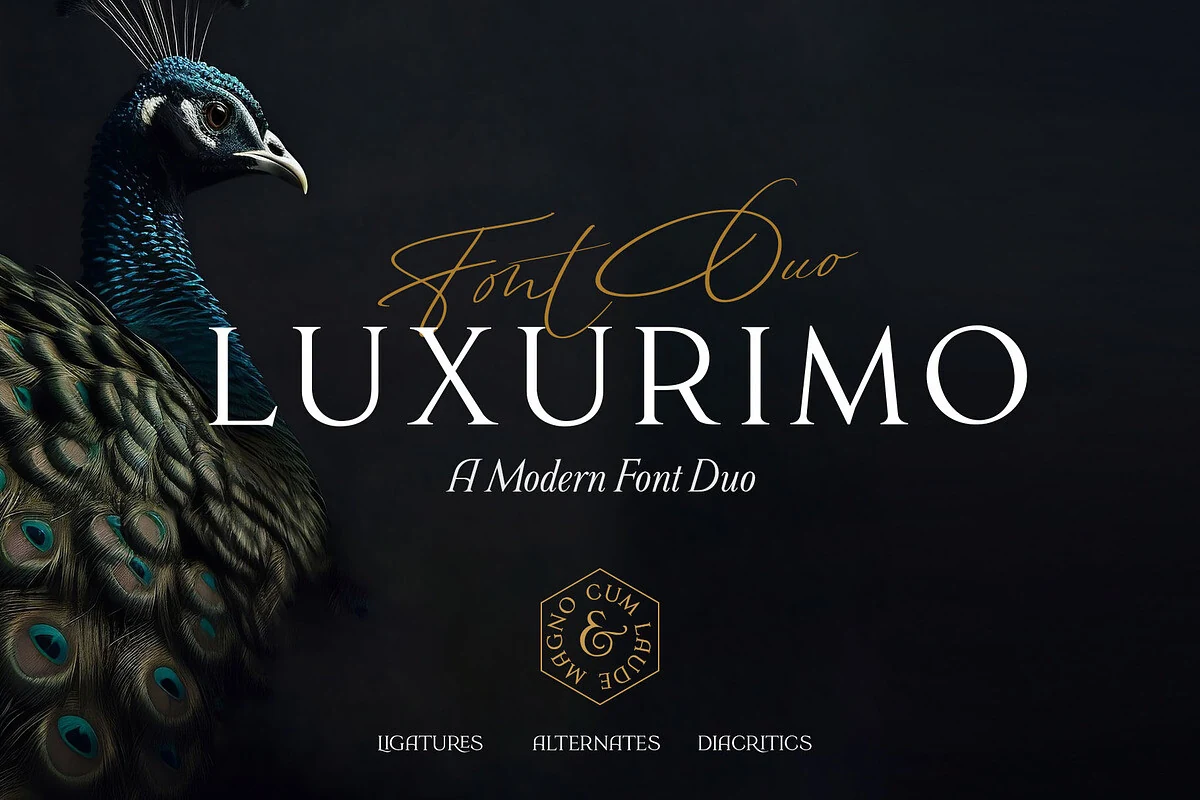 Luxurimo Font preview with tall serif capitals and thin signature script