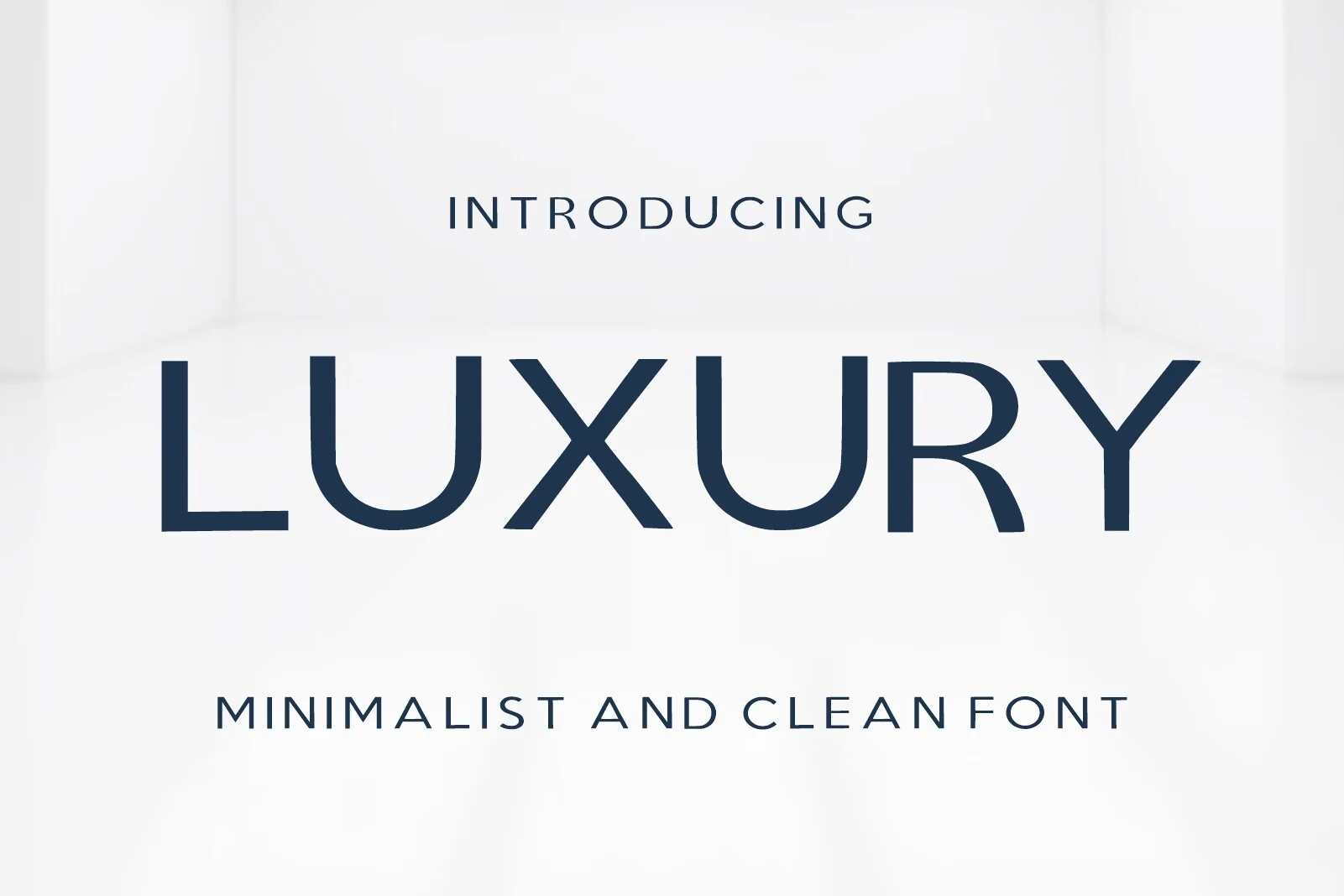Luxury Font preview with dark blue minimalist sans serif lettering, wide spacing, and clean geometric curves