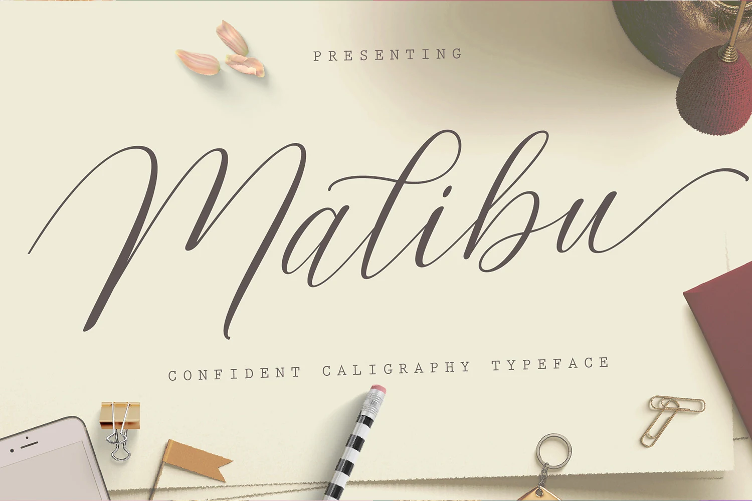 Malibu Script Font preview with taupe calligraphy lettering, tall looping ascenders, and smooth flowing strokes