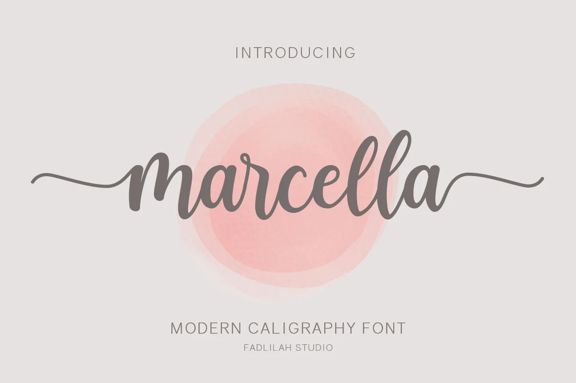 Marcella Font preview with soft gray handwritten script, smooth connected letters, and long horizontal swashes