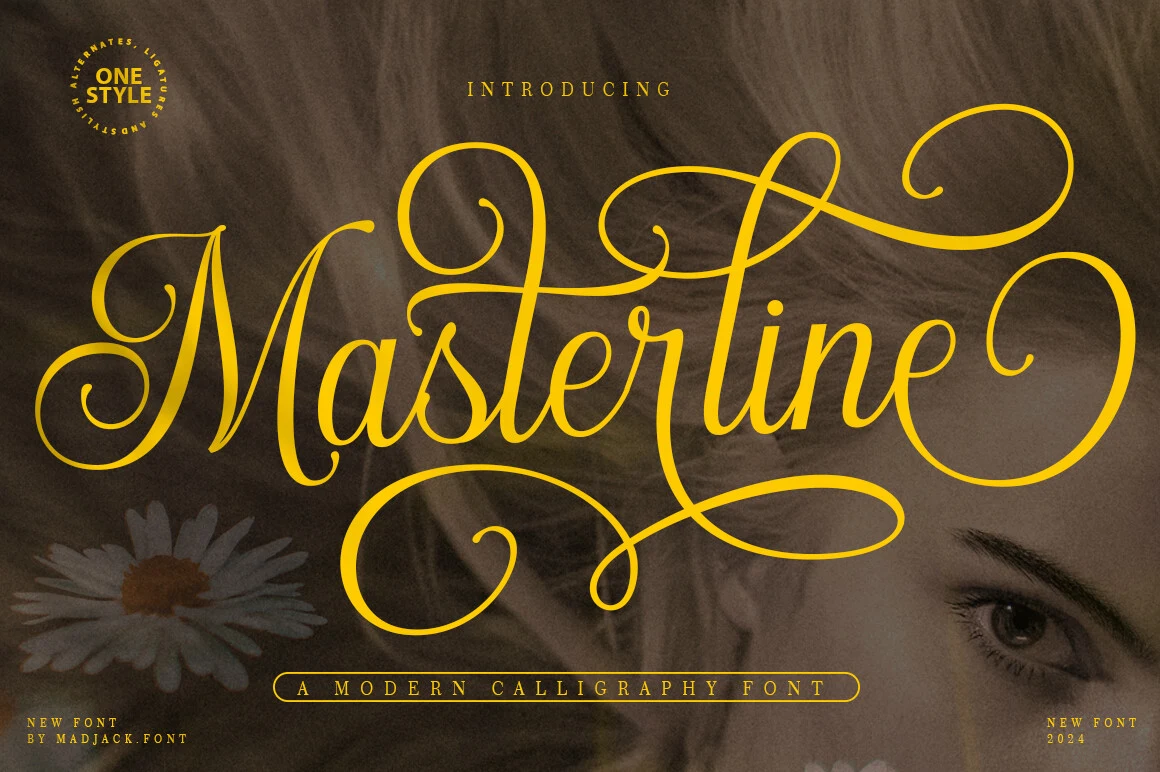 Masterline Calligraphy Font displaying connected, slanted calligraphic letterforms with high stroke contrast and flowing swashes.