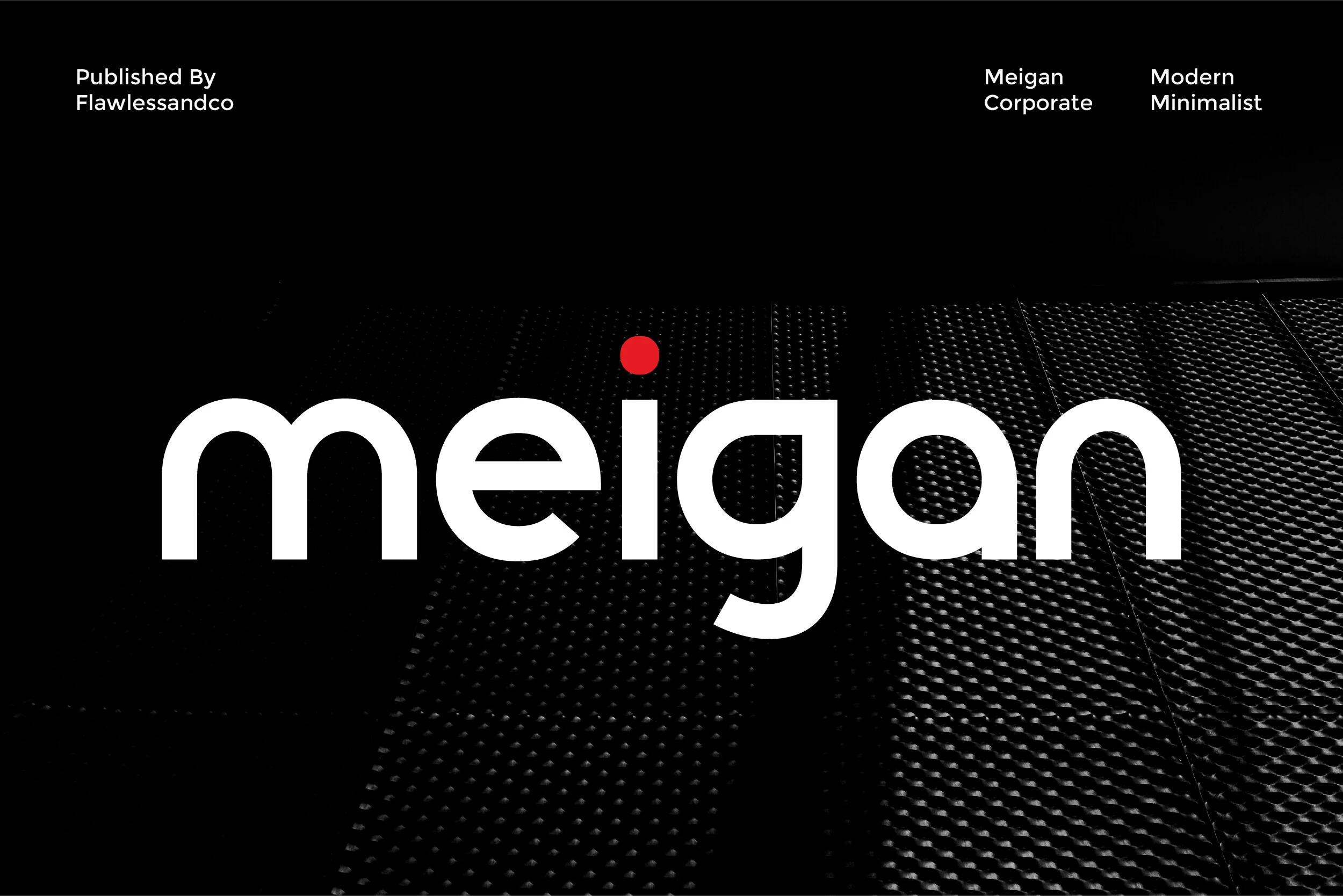 Meigan Font preview with minimalist geometric sans serif lettering, rounded lowercase forms, and a red i dot