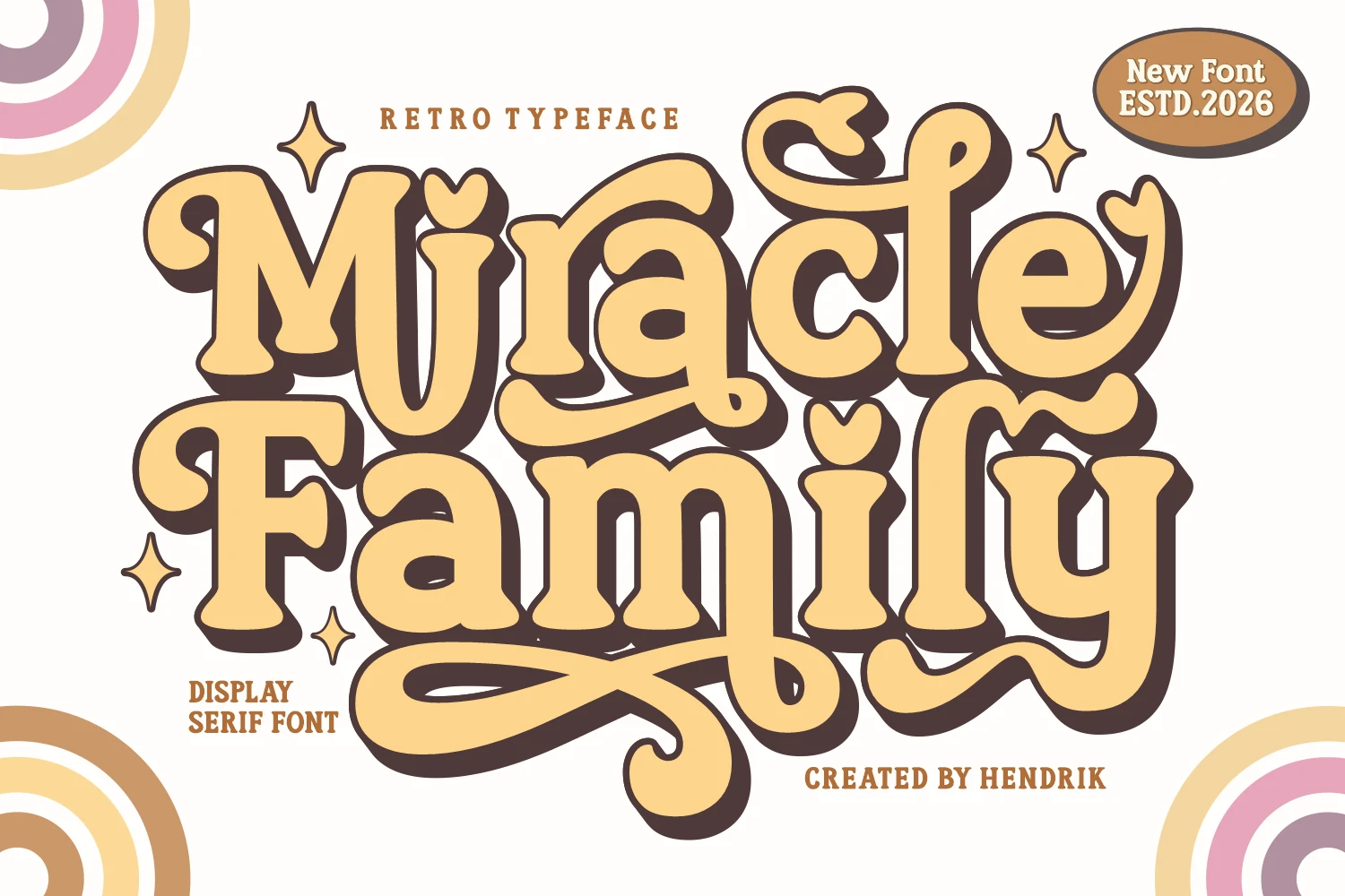 Miracle Family Font showing a bold rounded retro serif with thick strokes, flowing connections, and decorative swashes.