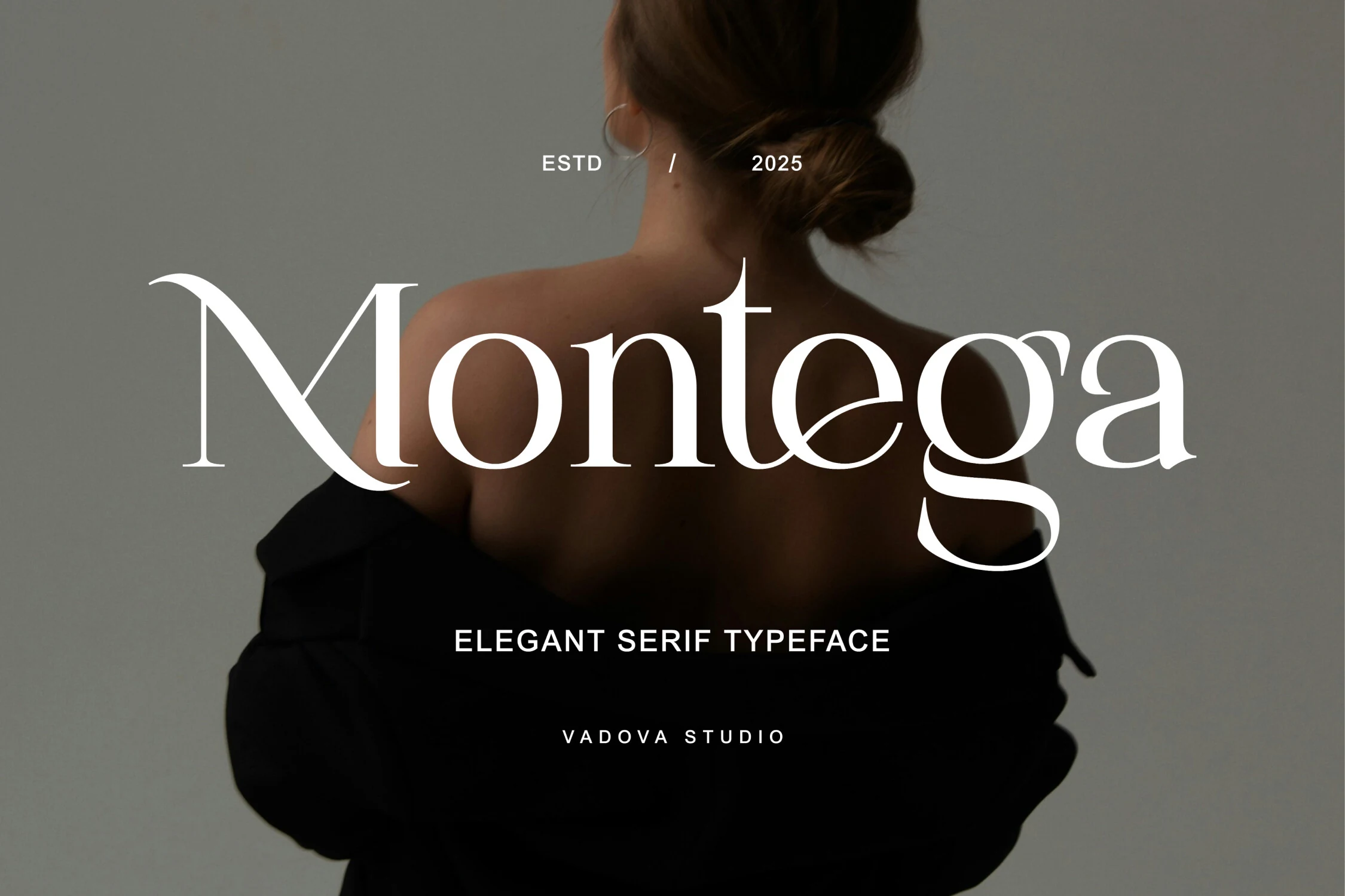 Montega Font preview with elegant white serif lettering and graceful high-contrast curves