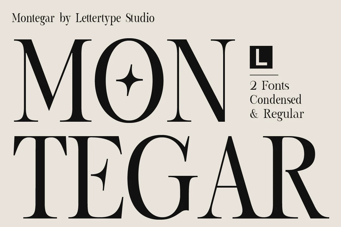 Montegar Font preview with bold high-contrast serif capitals and sharp thin details