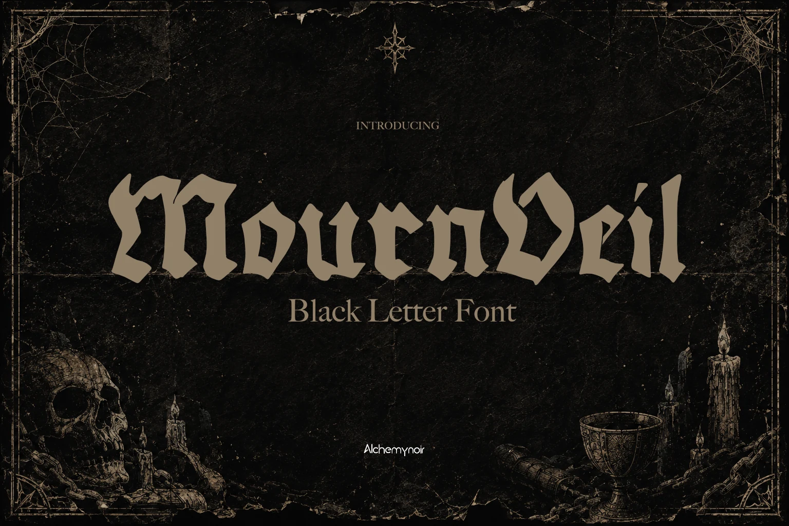 Mournveil Font is a heavy, angular Blackletter typeface with high contrast, flared strokes, and compressed proportions.